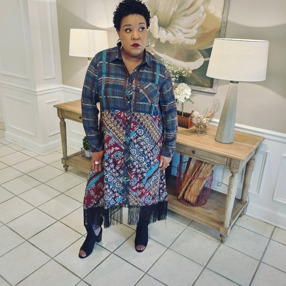 ODDY Multicolor Plaid and Paisley Maxi Dress Boho Patchwork Fringe Midi Dress - Picture 3 of 4